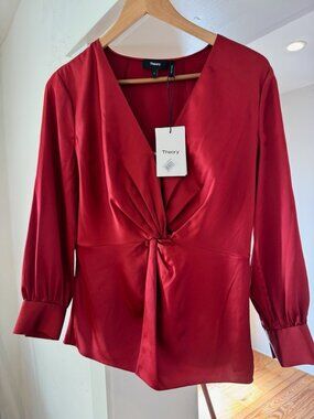 Theory Red Dahlia twist blouse in stretch silk satin